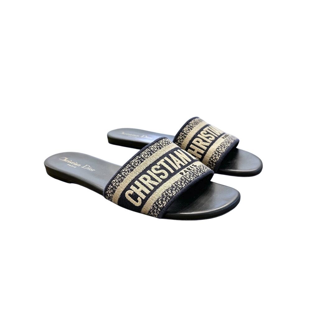 Christian Dior Dway Blue Toile Embroidered Logo Mules Slides Sandals Size 37.5 - Picture 3 of 8